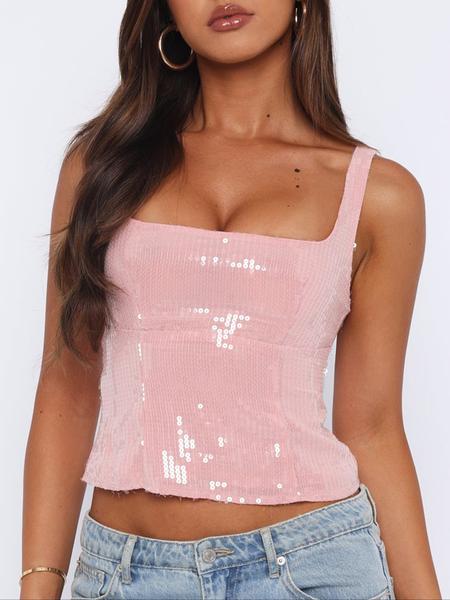 Women's Y2K Style Plain Backless Crop Top, Perfect for Dates & Parties, Sequined Design, Summer Woven Fabric, Moderate Thickness