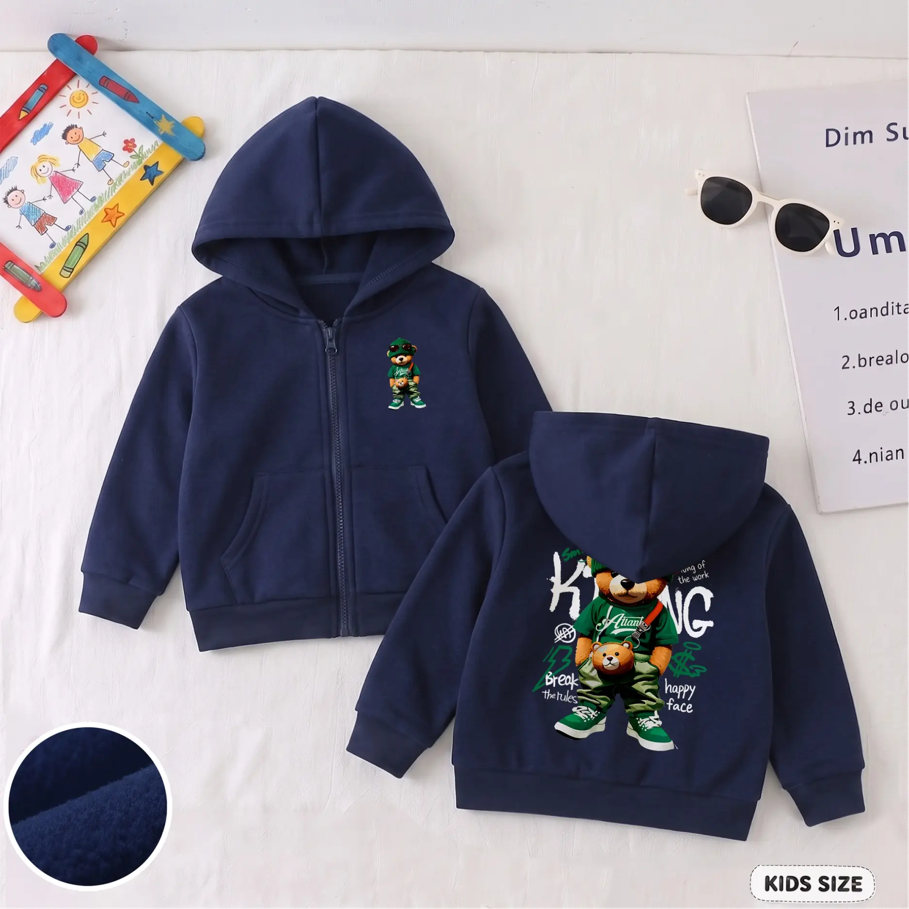 Boys’ Trendy Bear Graphic Zip-Up Hoodie, Front Mini Character and Large Back Print Hooded Jacket with Practical Pockets, Casual Kids’ Streetwear for School, Travel, Outdoor Play and Daily Wear