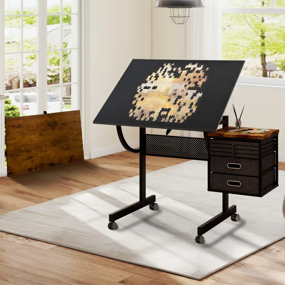1500 Piece Jigsaw Puzzle Table for Adults, Portable Puzzle Board with 4 Sorting Trays, 2 Storage Drawers & 4 Rolling Wheels, Large Puzzle Mat Organizer Station, Foldable Metal Puzzle Table for Home Game Room, Black
