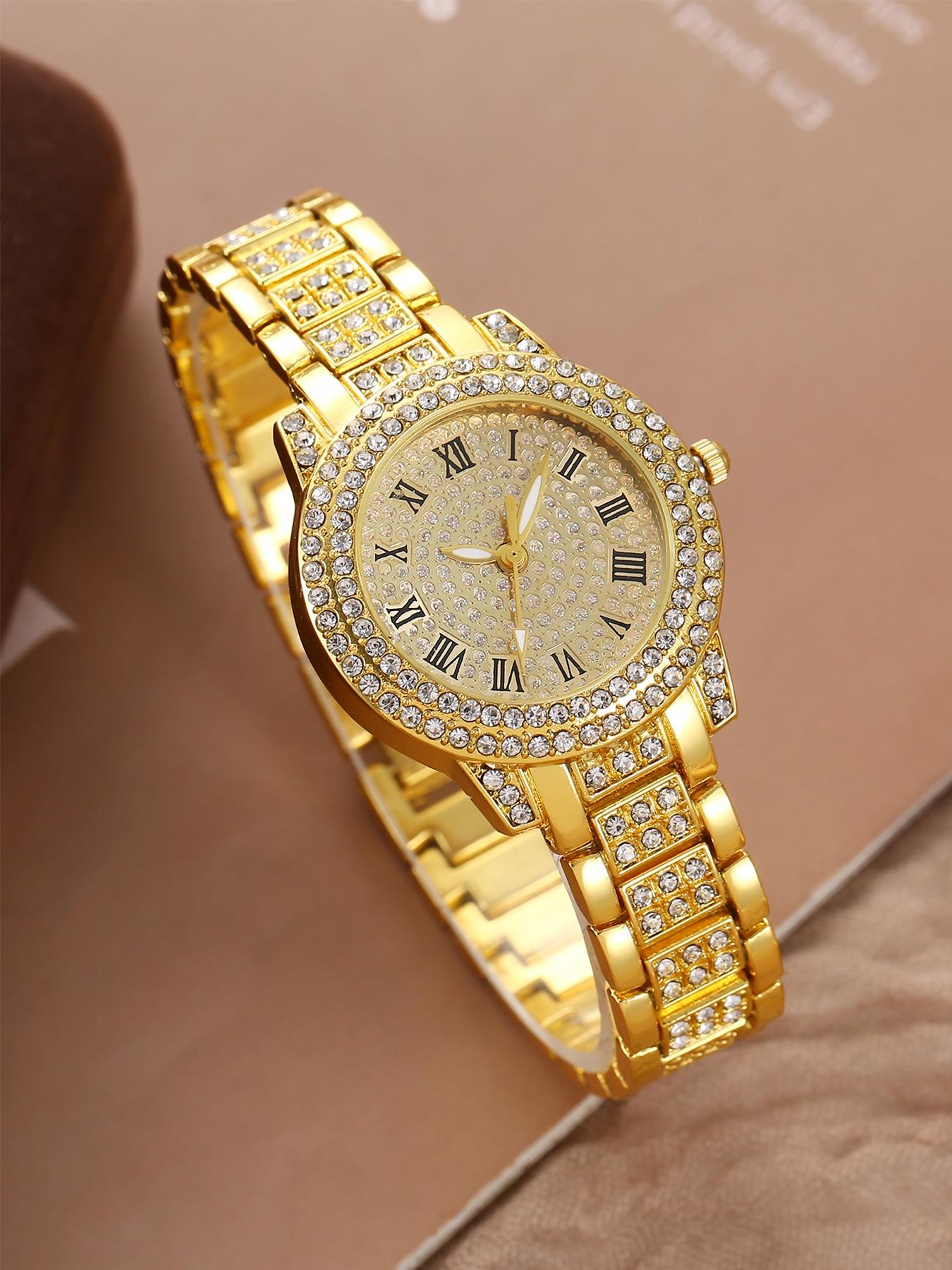 2-piece set of ladies' diamond-encrusted Roman numeral watch and bracelet