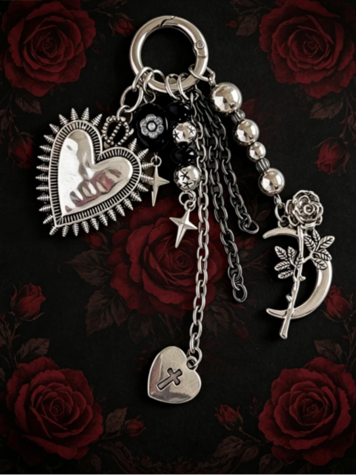 Gothic Vintage Heart Keychain, Y2K Dark Style Personalized Bag Charm, Silver Color Cross Rose Metal Pendant, Unique Accessory, Keychain Jewelry, Stainless Steel Keychain