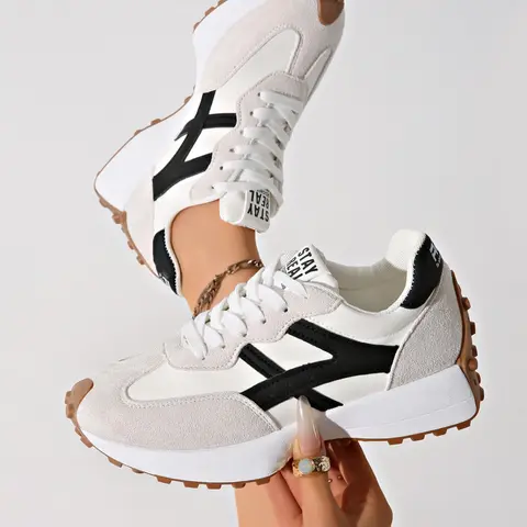 Women's Letter Print Thick Sole Casual Shoes, Spring Fall Elegant Fashion Round Toe Low Top Lace-Up Outdoor Sneakers
