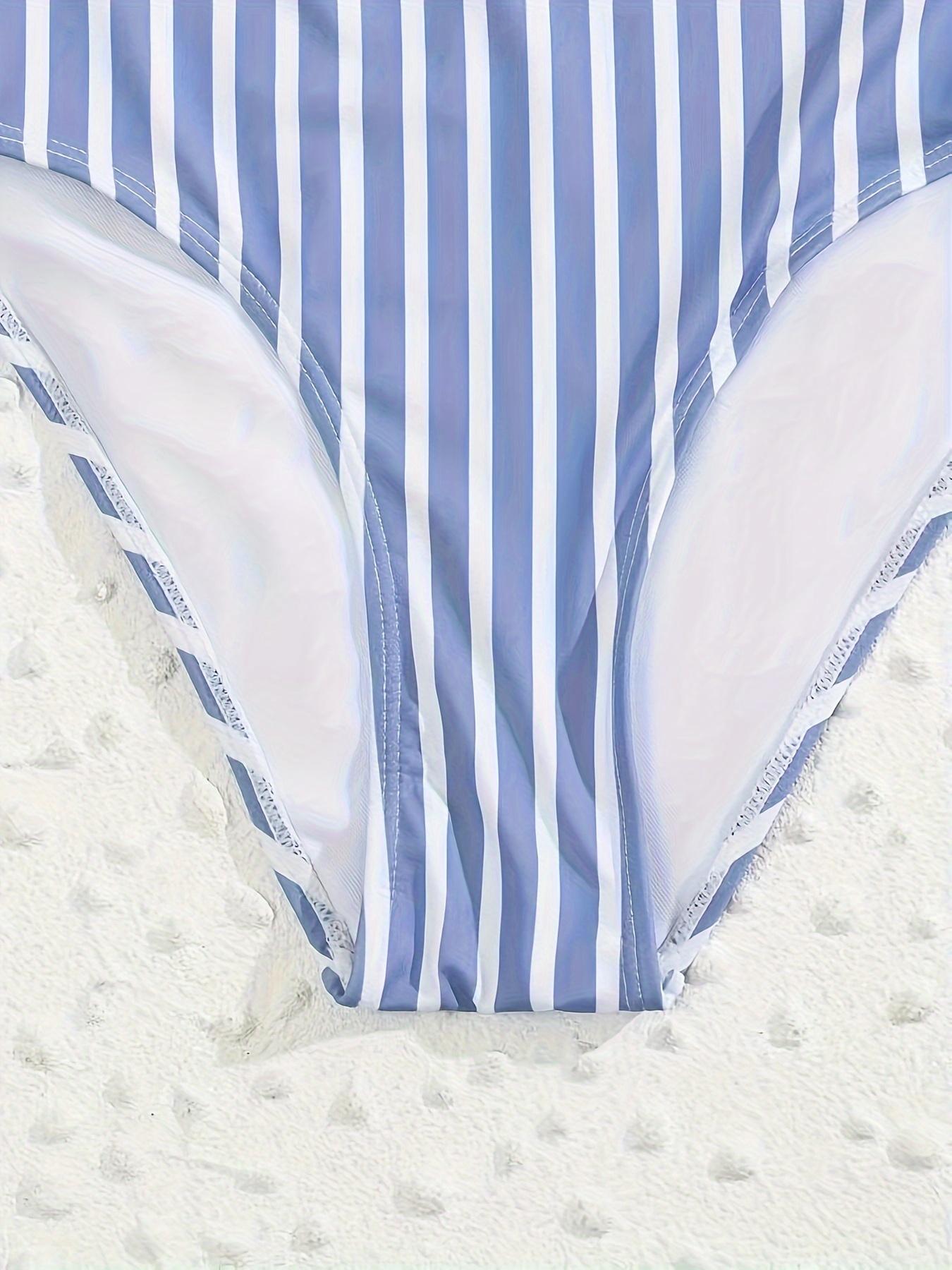 Cute Blue & White Stripe Bodysuit - Great for Island Hopping & Surfing, Avoids Overly Sexy Looks with a Modest yet Flirty V-Neck, Offering Secure Fit & Comfortable Coverage for Active Water Sports.