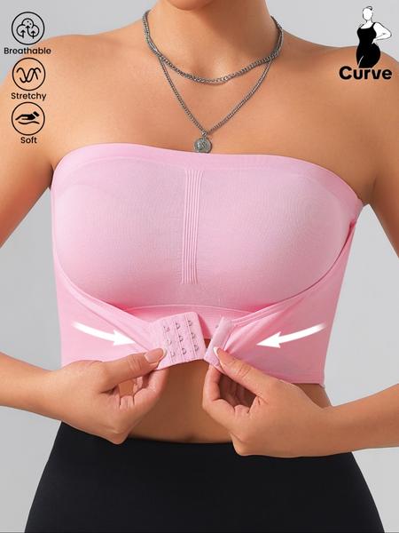 【Plus Size】 Solid Color Push Up Strapless Bra, No Padding,Women's Comfortable Breathable Soft Bra,Front Chest Buckles Design,Women's Lingerie for All Seasons,Ladies Knitted Stretch Underwear For Daily Wear or any Occasion