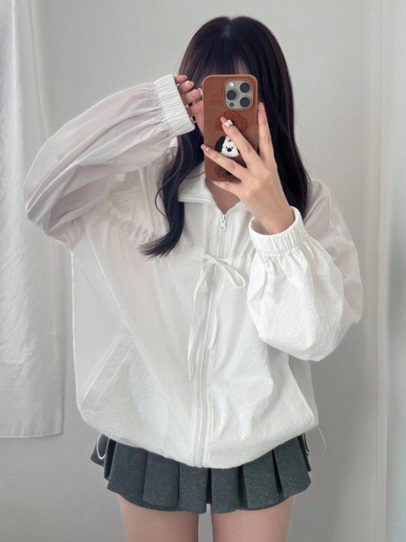Women's Casual Streetwear Solid Color Textured Front Tie Bow Long Sleeve Fitted Zipper Drawstring Adjustable Jacket Coat Top, Stylish and Comfortable