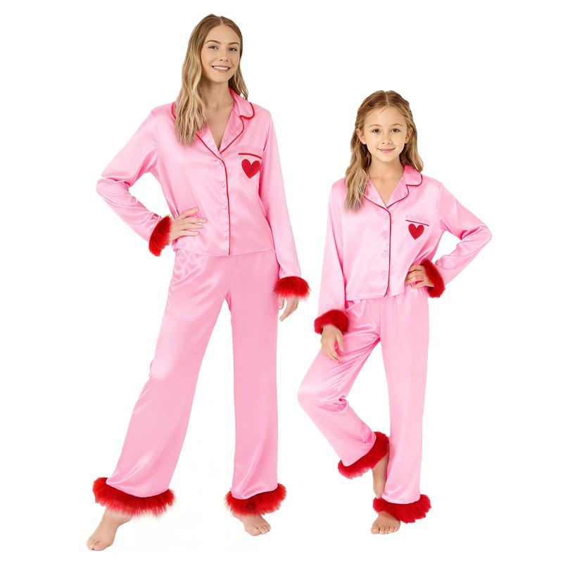 Valentines Day Dad Mommy and Me Pajamas Matching Sets Long Sleeve Lapel V Neck Button Down Tops and Elastic Waist Pants Loungewear Dress Cosplay Clothes Pajamas Set