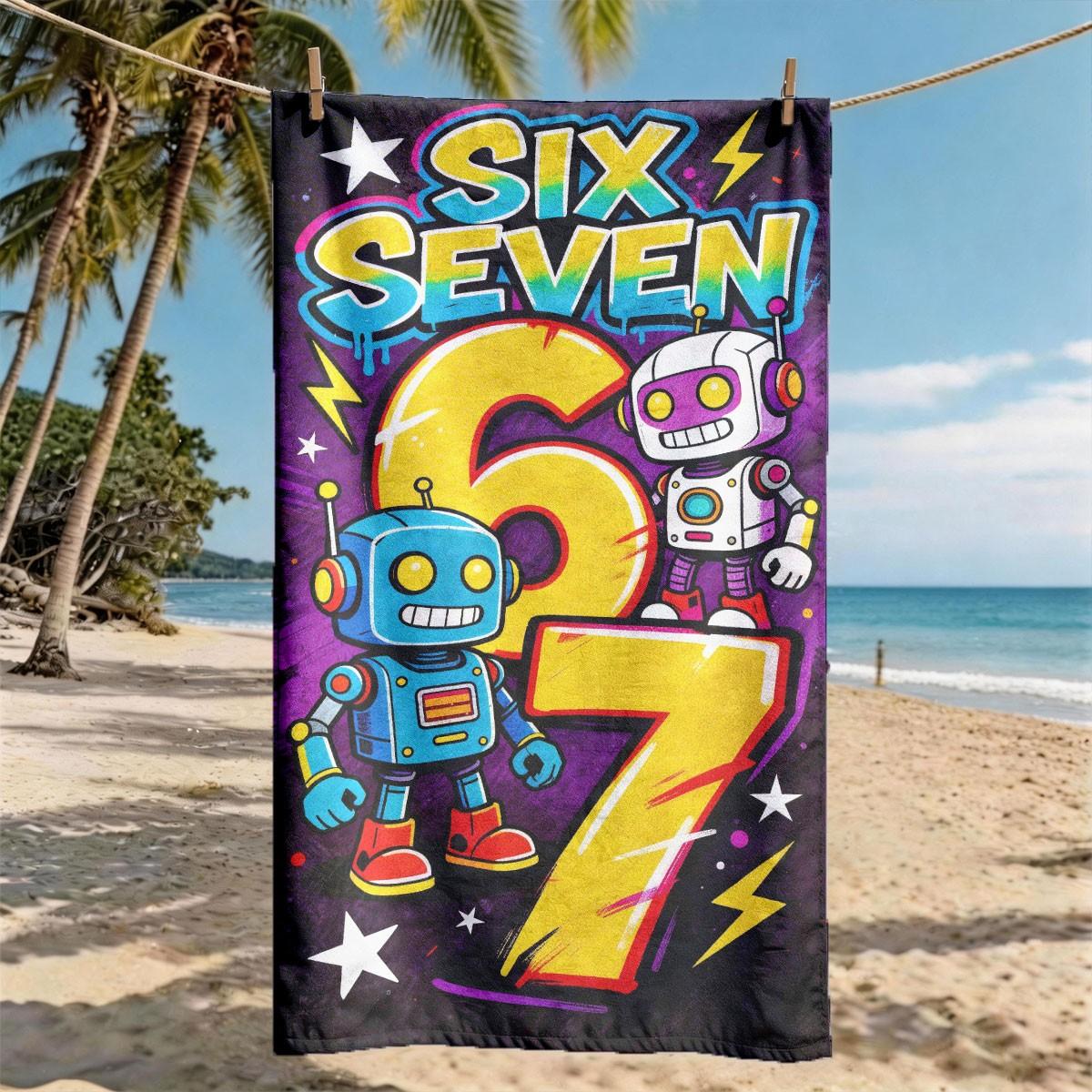 A Number 67 Robot Graffiti Trendy Printed Beach Towel - Oversized, Skin-friendly, Absorbent and Quick-drying, Perfect for Beach and Pool Leisure, Ideal for Summer Trips - Suitable for Seaside Vacations, Pool Parties and Outdoor Picnics Quick Drying Towels