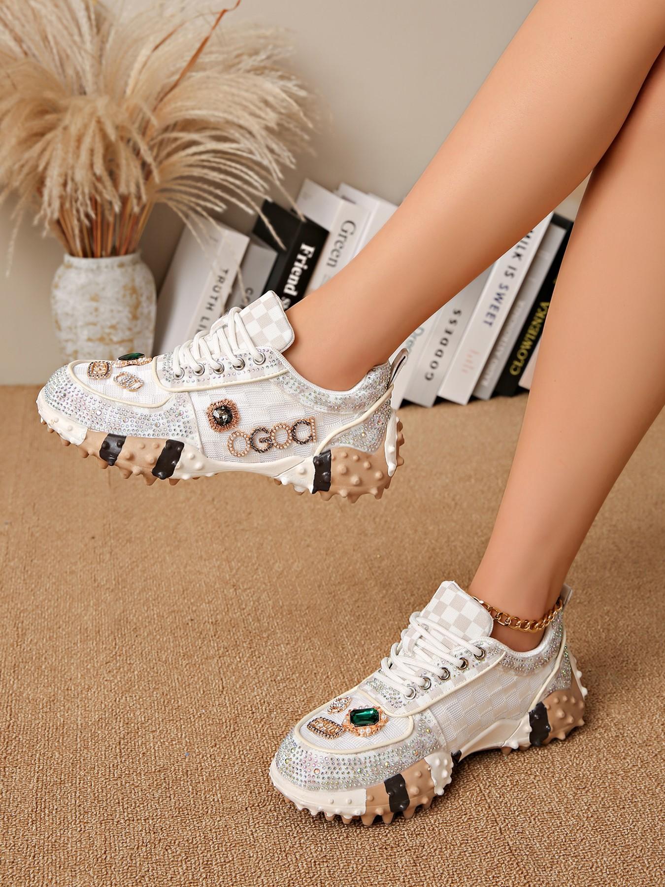 Women's Thick Sole Height Increasing Dad Shoes, Handmade Embellished Fashion Luxury Casual Women's Shoes, Unique Design Comfortable Sneakers