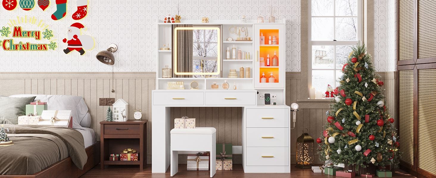 Makeup Vanity Desk with Sliding LED Lighted Mirror White
