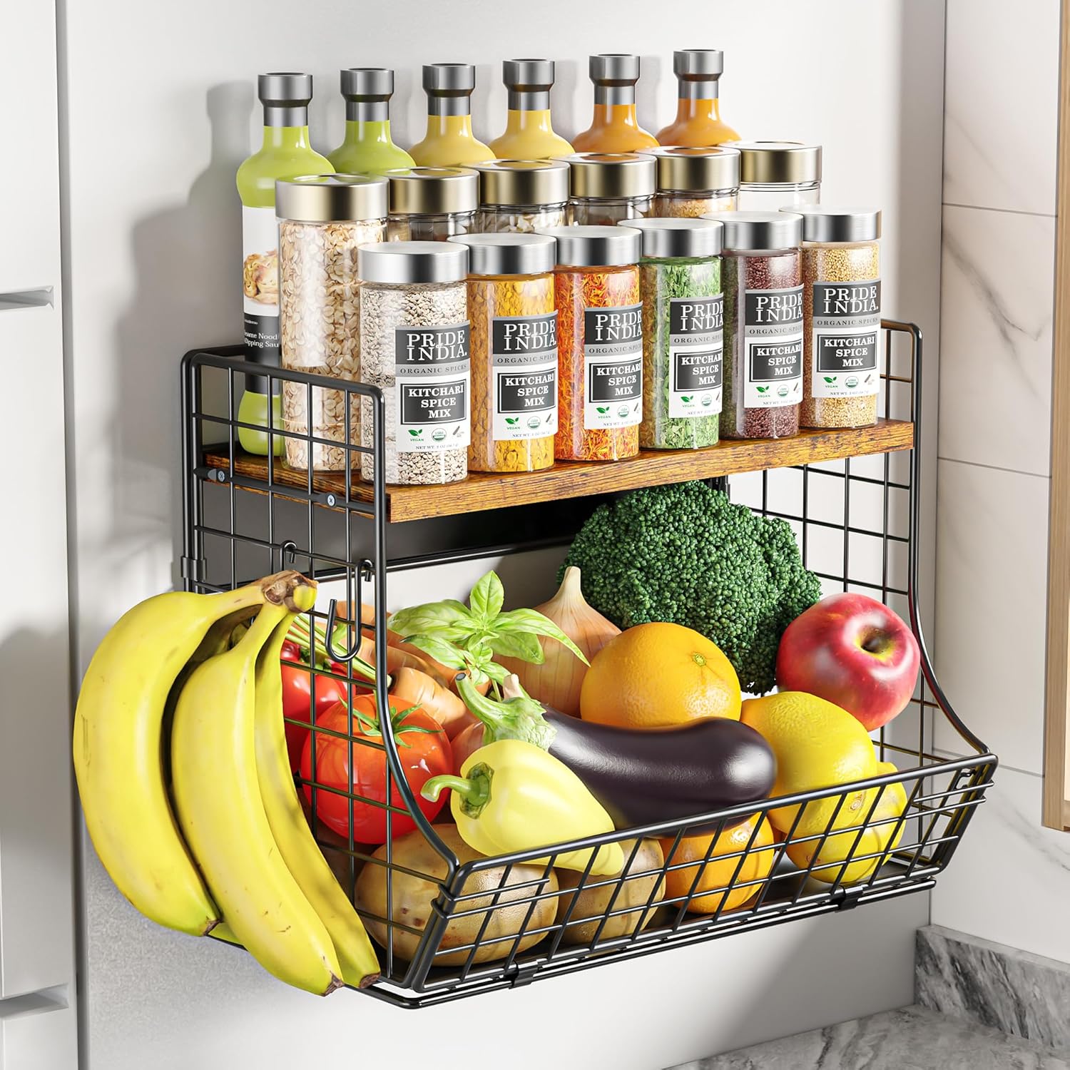 Magnetic Shelf for Fridge with Wood Lid, Fruit Potato and Onion Storage Bins, Pantry Organizers and Storage, Strong Magnetic Spice Rack for Refrigerator, Kitchen Counter and Laundry Room, Wooden