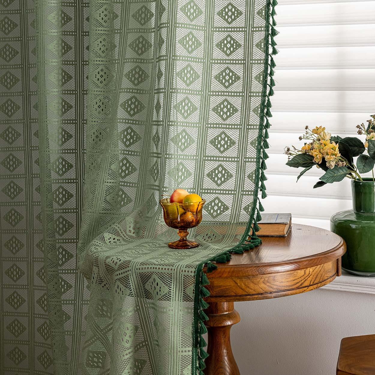 1panel Shibori Pattern Curtain, Fringe Edge Decoration, Rod Pocket Design, Bedroom Balcony Floor-To-Ceiling Window Curtains, Fresh Home Decor