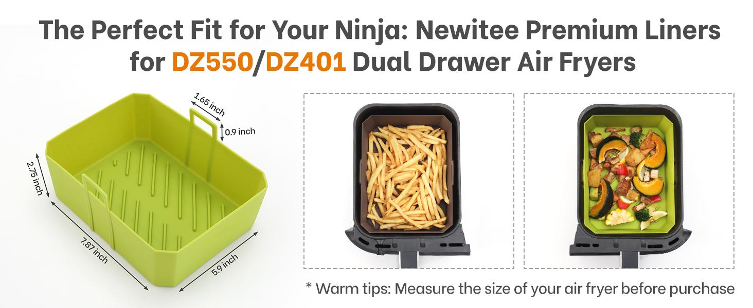 Air Fryer Liners 10QT For DZ550/DZ401, 2 Pack BPA Free Air Fryer Basket Liner with Handle, Rectangle Dual Basket Air Liners,