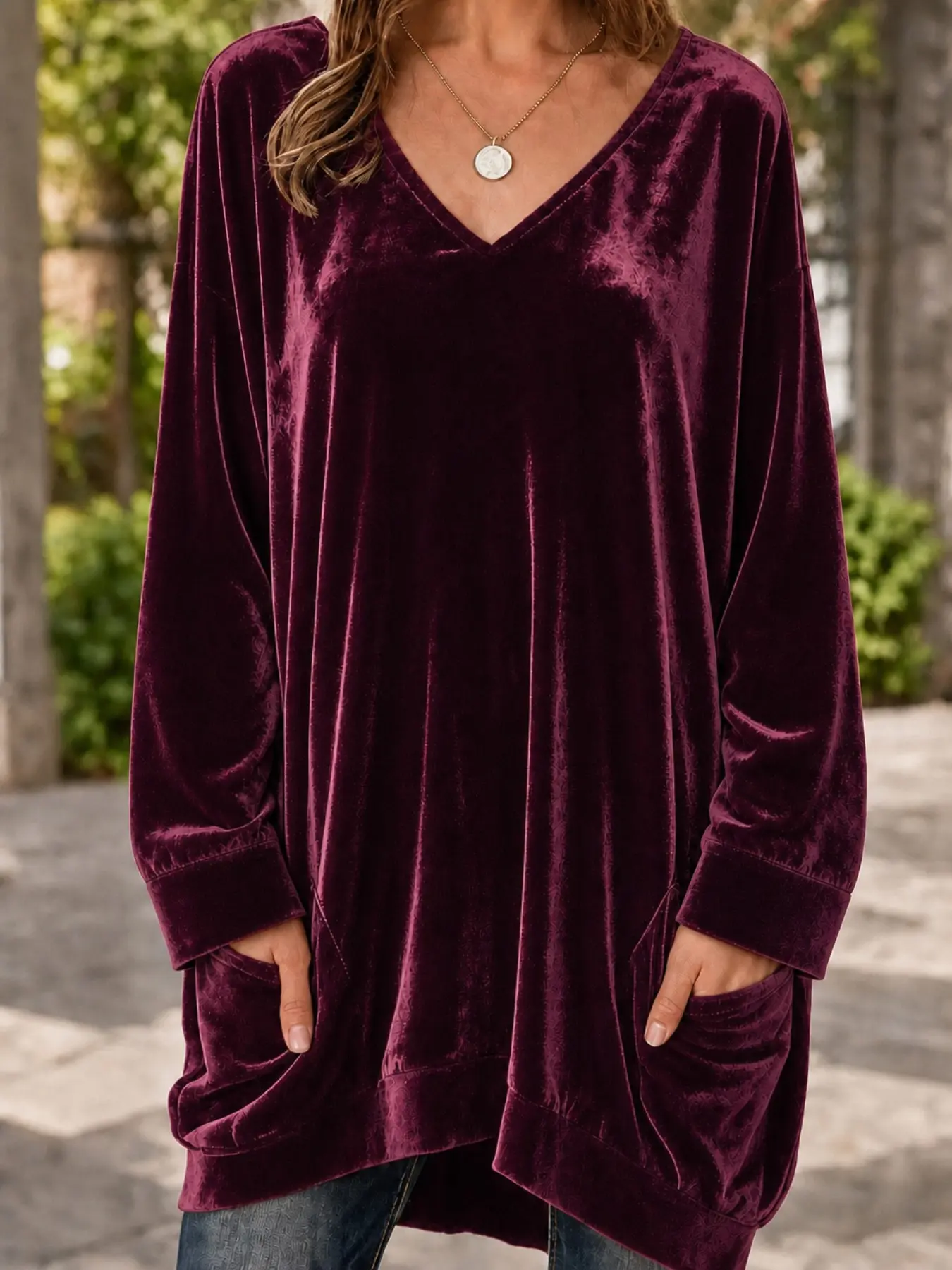 Plus Size Women's Solid V Neck Long Sleeve Top, Loose Fit Casual Top with Pockets, Fall Winter Daily Wear, Home, Burgundy