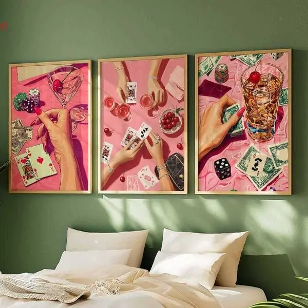 2D Flat, 2D Flat, [2D Flat No Frame Posters 3pcs] Retro Poster Set, Vintage Poker And Cocktail Art, Wall Decor, Pink Art Print, Playing Cards And Chips, Fun Game Night Decor