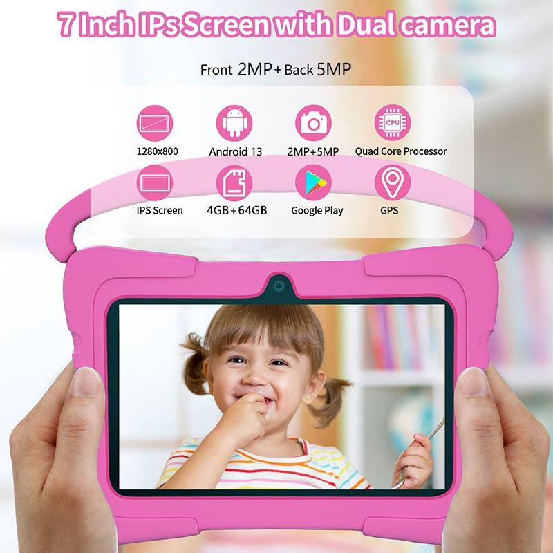 7-Inch Android Learning Entertainment Tablet with Education Software, USB Charging, Quad-Core Processor, 4GB RAM, HD IPS Display, Parental Lock, Dual Cameras
