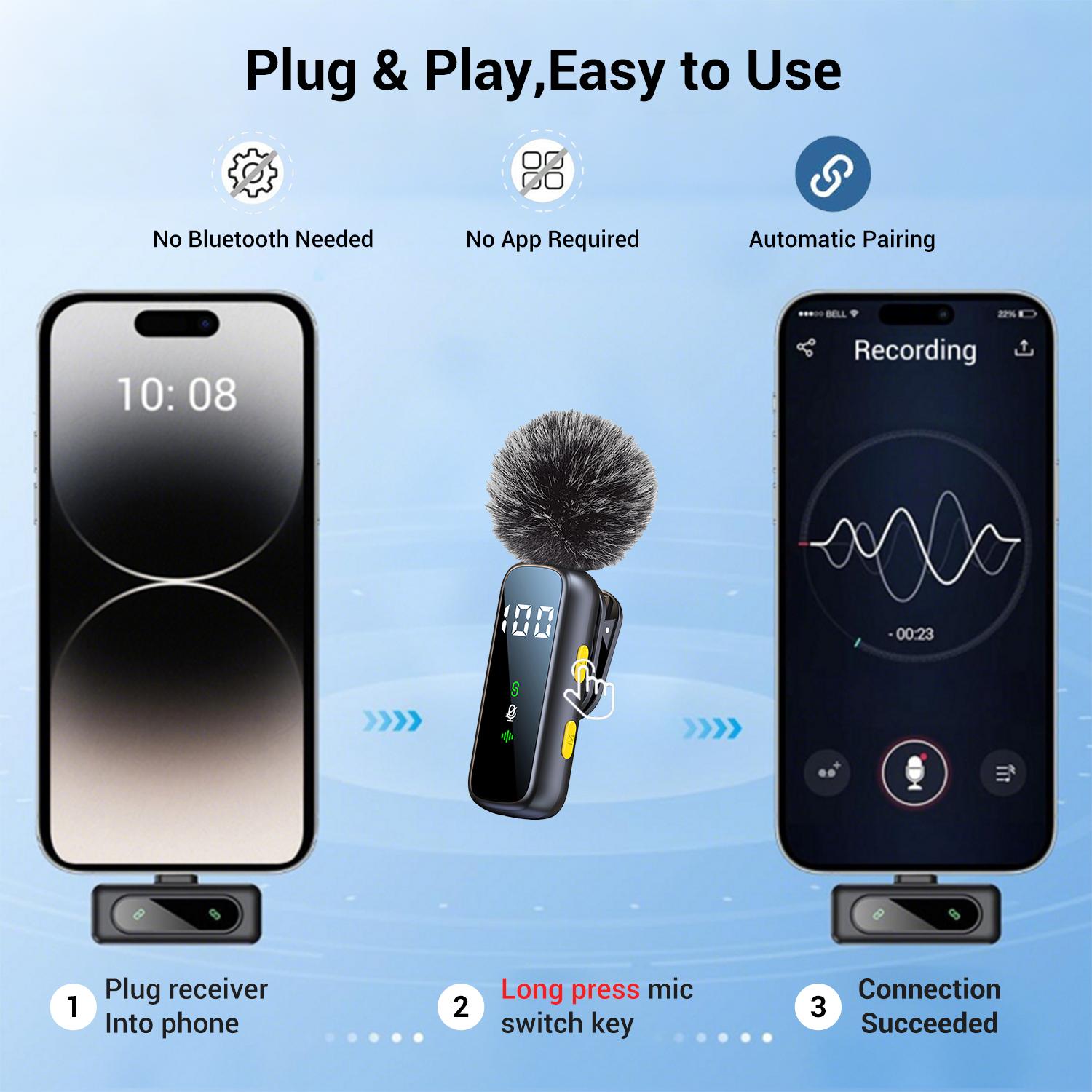 Pro Wireless Lavalier Microphone, Plug & Play, Stylish Design, LED Display, Long Battery Life, for Smartphones, Computers, Podcasting, USB Streaming Mic