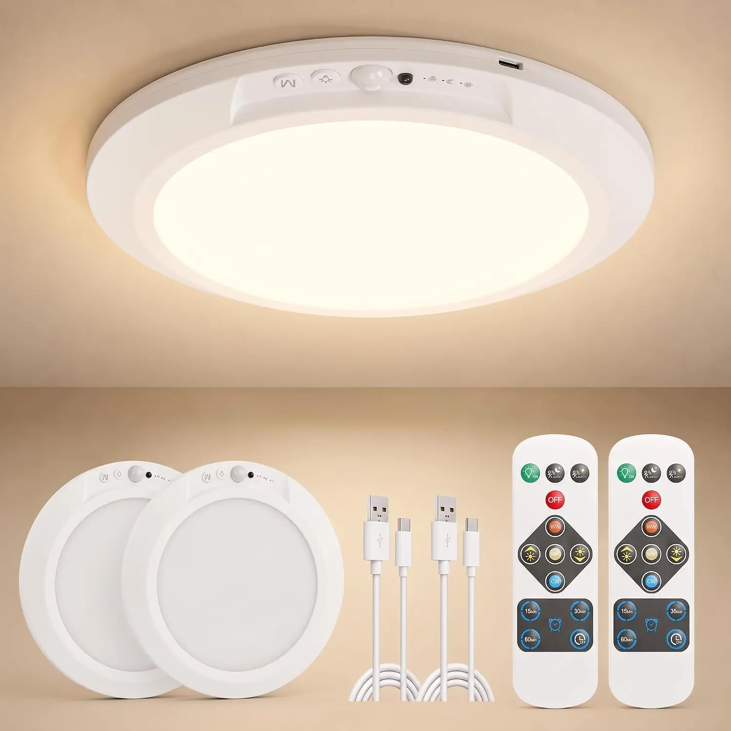 2-Pack ABS Plastic Ceiling Lighting, 8000mAh Rechargeable Motion Sensor Indoor LED Lights with Slim Profile, Dimmable Mode, 3-Color Options, Magnetic Mounting, No-Wiring for Closet, Camping Hiking Use