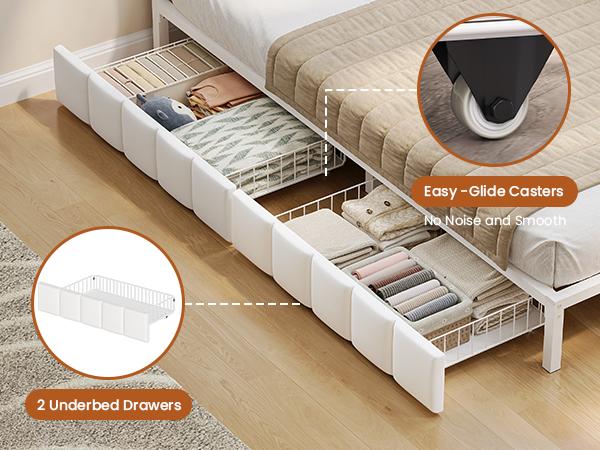 Hasuit | Corner Bed Frame with Storage Drawers Full Daybed with Line Fabric Upholstered Fence Kids Bed Unit with LED Light and Charging Station