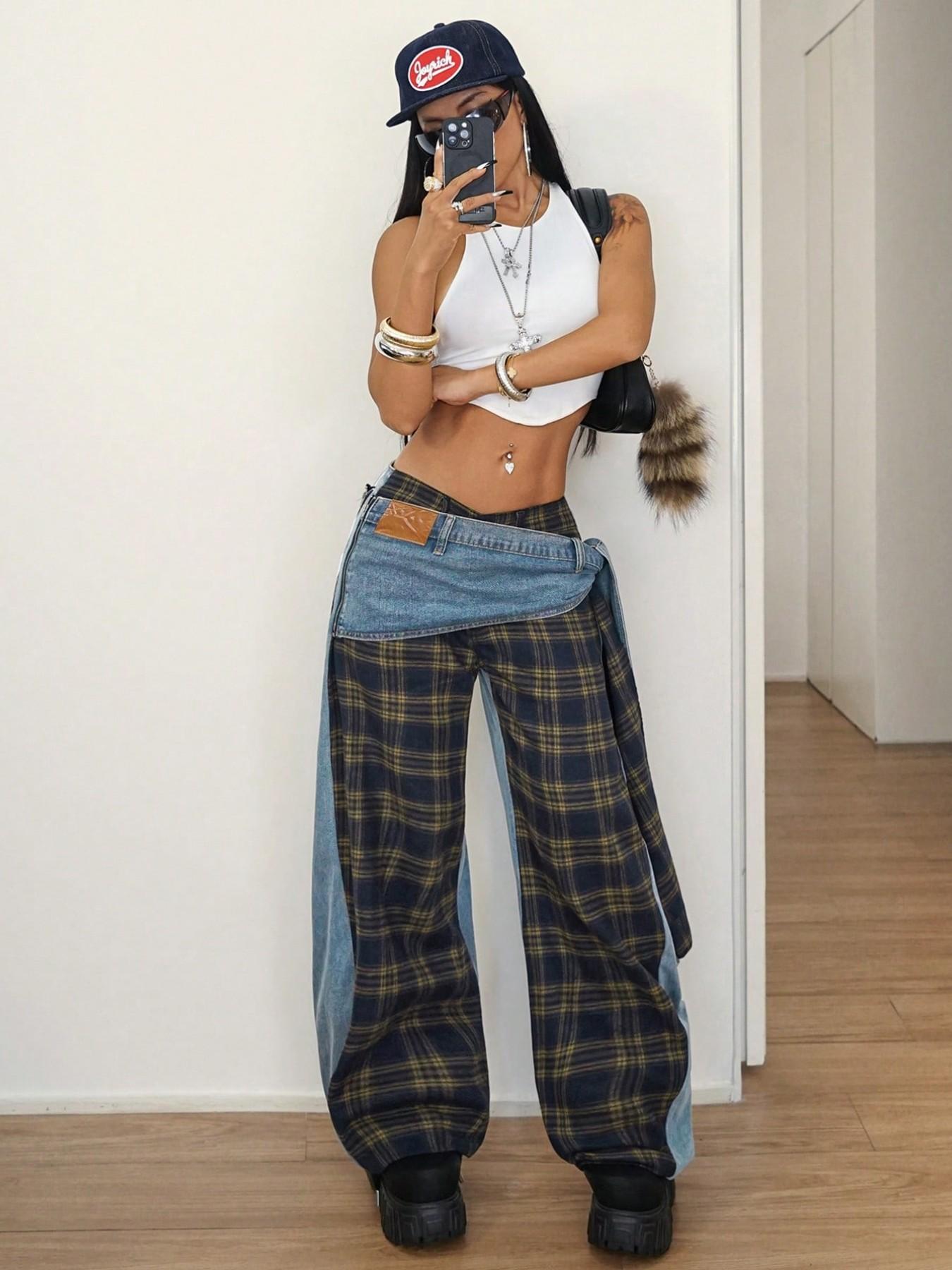 Women's Patchwork Plaid Side Tie Wide Leg Jeans, Fashionable Comfort Design, Perfect for Daily Wear, Trendy Stylish Accent, Casual Loose Jeans