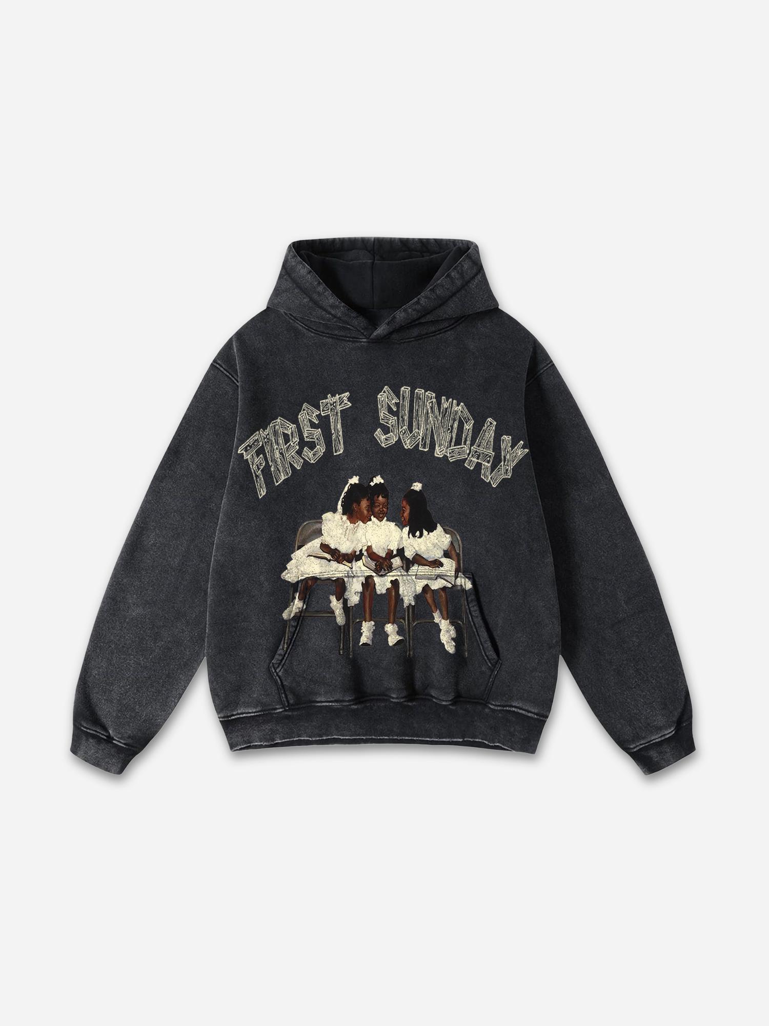 Sopula Studio Men's Vintage First Sunday Faith Graphic Acid Washed Oversized Hoodie Casual Loose Sweatshirt Long Sleeve