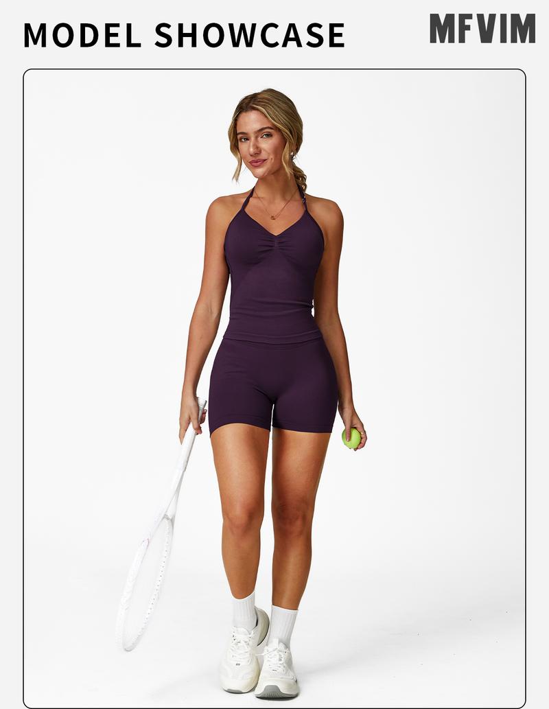 Women's Solid Color Crop Cami Top & High Waist Skinny Shorts Sportswear Set, High Stretch Casual Comfortable Breathable Backless Sleeveless Top & Gym Shorts for Yoga Gym Workout Running, Ladies Sportswear for All Seasons, Tennis Attire, Athletic Tracksuit