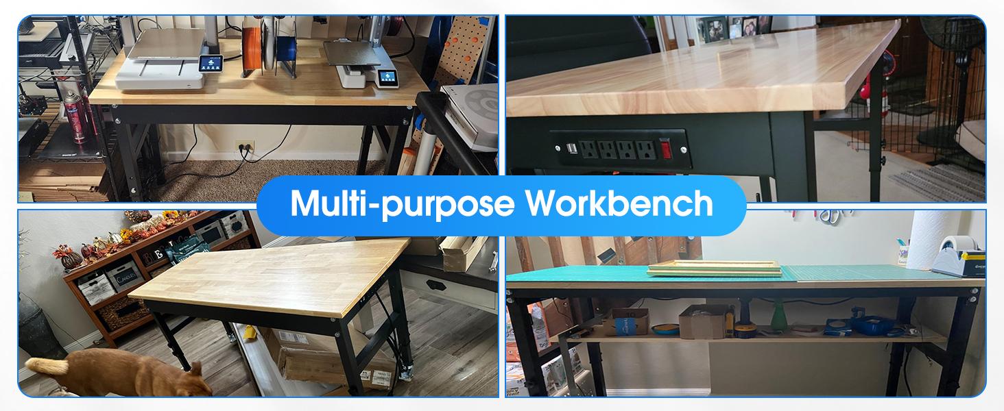 60'' Adjustable Workbench on Wheels, 2000 LBS Heavy-Duty Workstation with Power Outlets, Rubber Wood Top Worktable for Garage, Workshop, Home, Commercial 60'' Adjustable Workbench on Wheels, 2000 LBS Heavy-Duty Workstation with Power Outlets, Rubber Wood Top Worktable for Garage, Workshop, Home, Commercial
