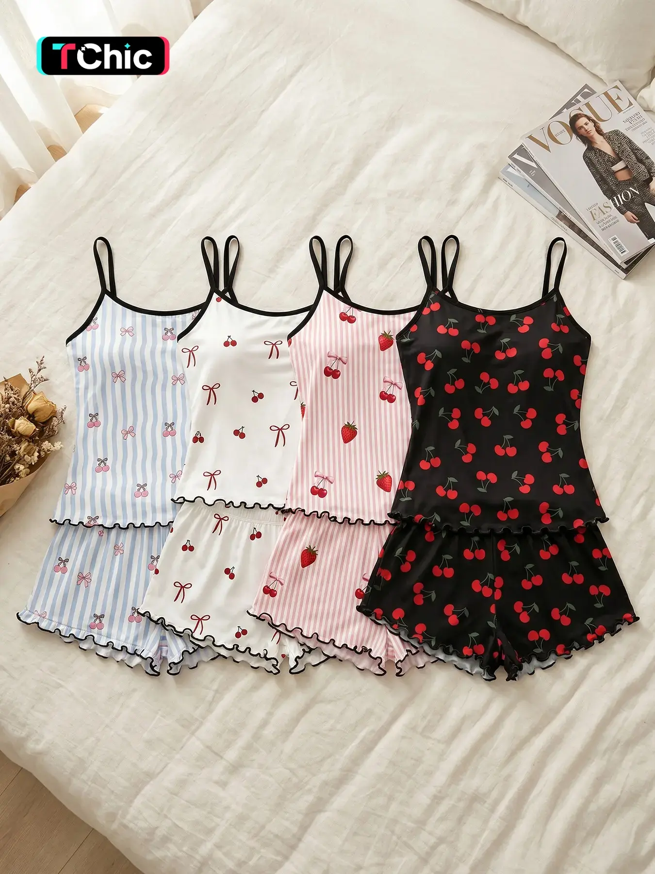 Women's Cami Top and Shorts Pajama Sets, All-Season Wear, Cherry, Strawberry, Bow and Stripe Print with Ruffled Hem, Loose Breathable Loungewear for Home & Casual Wear