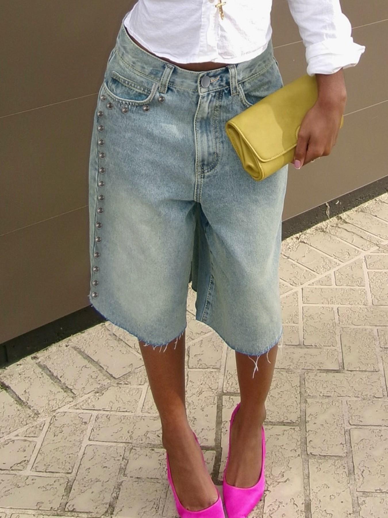 Vintage Washed Studded Wide-Leg Denim Jorts, Raw Hem High-Waisted Bermuda Shorts, Perfect for Brunch Dates & City Chic