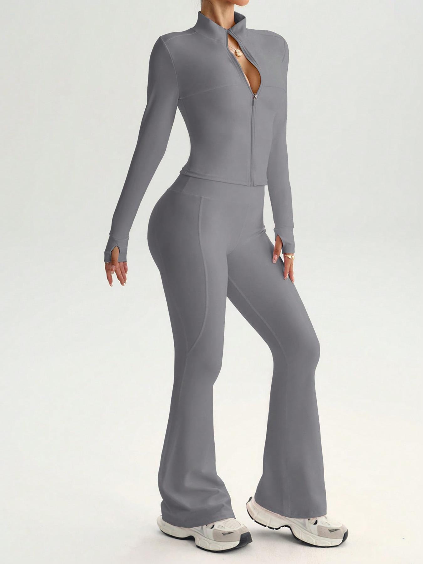 Women's 2-Piece Solid Color Set Long Sleeve Stand Collar Jacket with Thumb Holes, Breathable Yoga Athleisure Wear Set for Gym Outdoor Running Sweatsuit Set