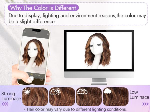 Brown Highlight Short Wavy Wig for Women 4*1 Lace Hairline Synthetic Wig - Natural Appearance for Everyday Hairstyle Adjustable Elastic Band