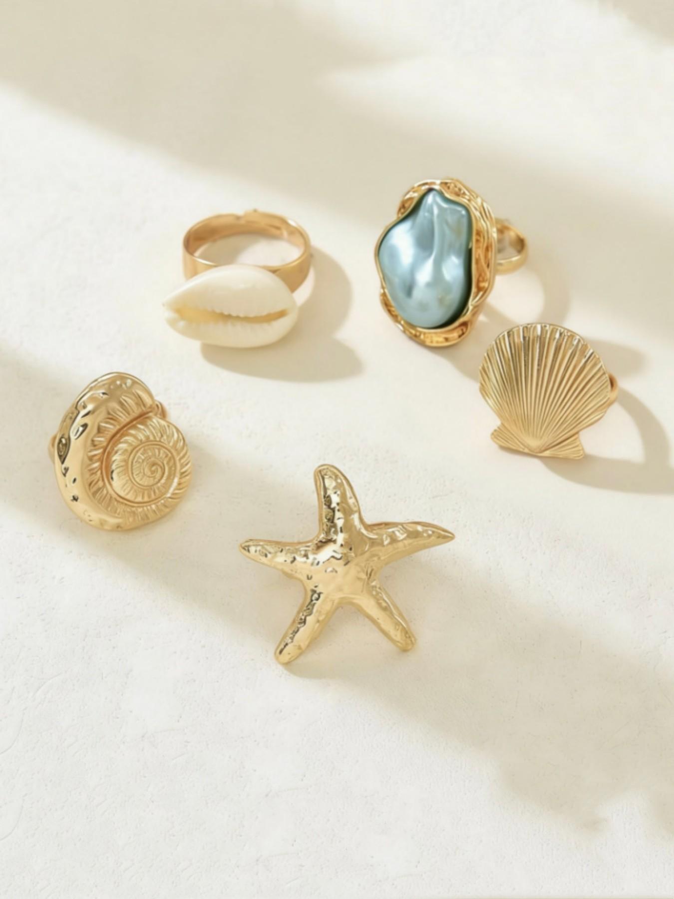 5pcs French-Style Baroque-Inspired Rings, Vintage Starfish Conch Seashell Designs, Elegant Accessories for Women, Daily Wear or Vacations