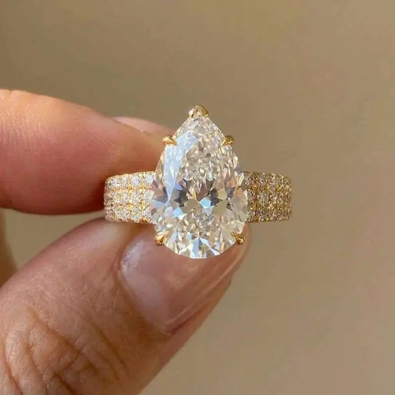 925 Sterling Silver Luxury Gold Color Water Drop CZ Wedding Rings for Women Brilliant White Cubic Zirconia Engagement Jewelry