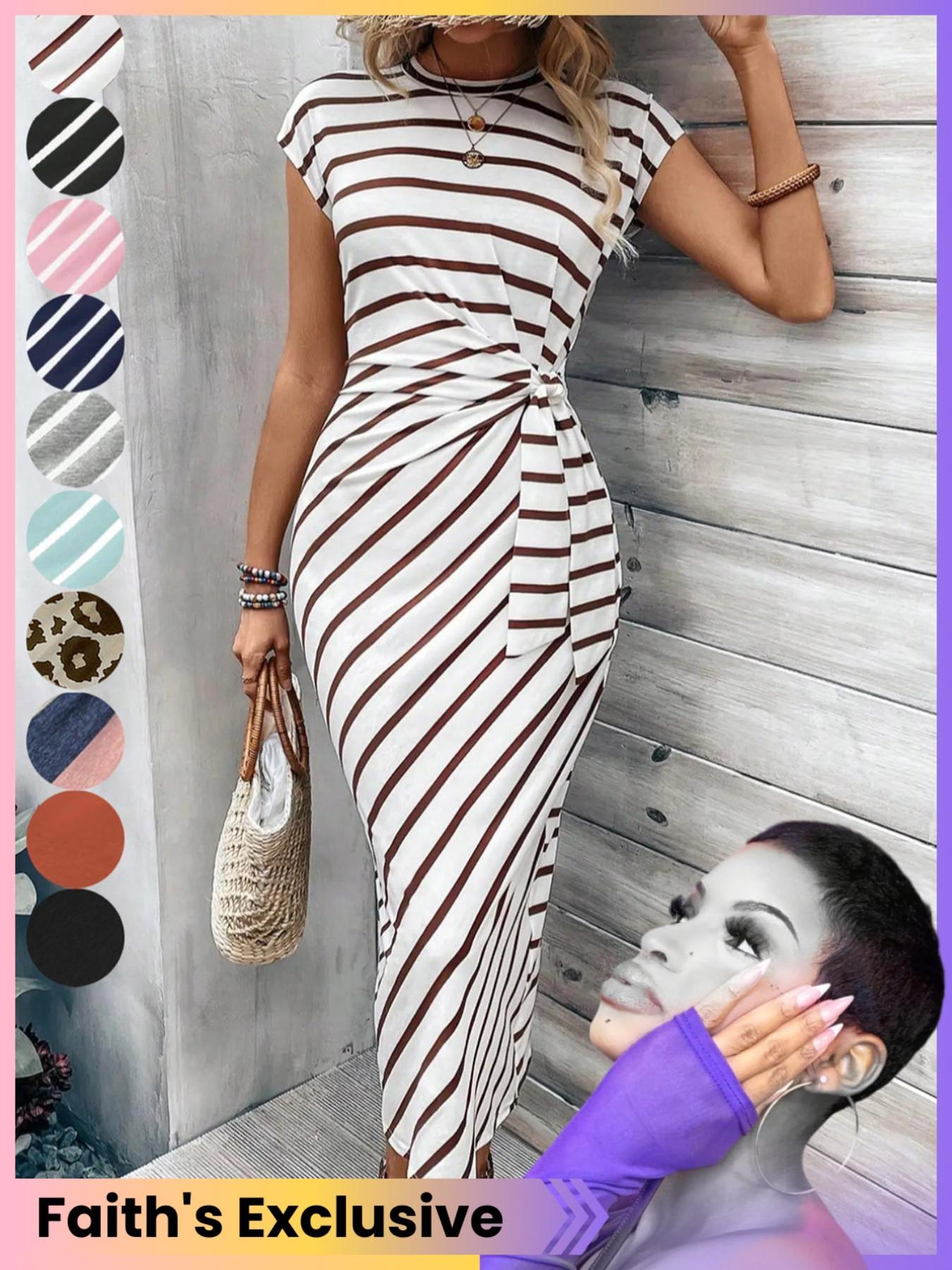 Women's Striped Print Knot Bodycon Dress, Summer Outfits 2024, Elegant Drop Shoulder Short Sleeve Long Dress for Summer, Sundress Maxi Dress, Frenchy Style Ladies Clothes for Beach Holiday