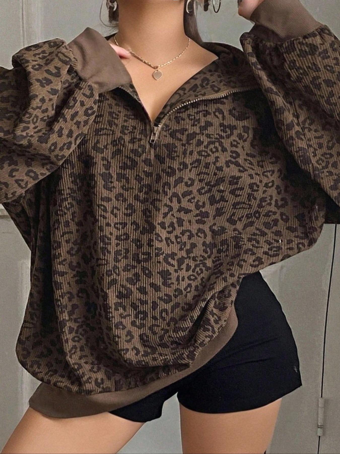 Women’s Plus-Size Fashion Leopard Print Zip-Up Long Sleeve Loose Fit Hoodie, Stylish Casual Winter Sweatshirt for Everyday Wear, Womenswear