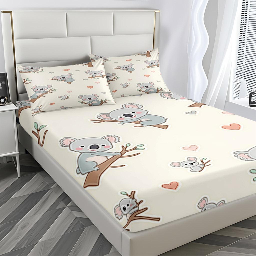 3-Piece Set Of Koala On The Tree And Heart-Shaped Bed Hat, High-Definition Digital Printing, Soft And Breathable, 100% Polyester Fiber, Perfect Gift For All Seasons, Suitable For Family And Friends. Clearance Sale