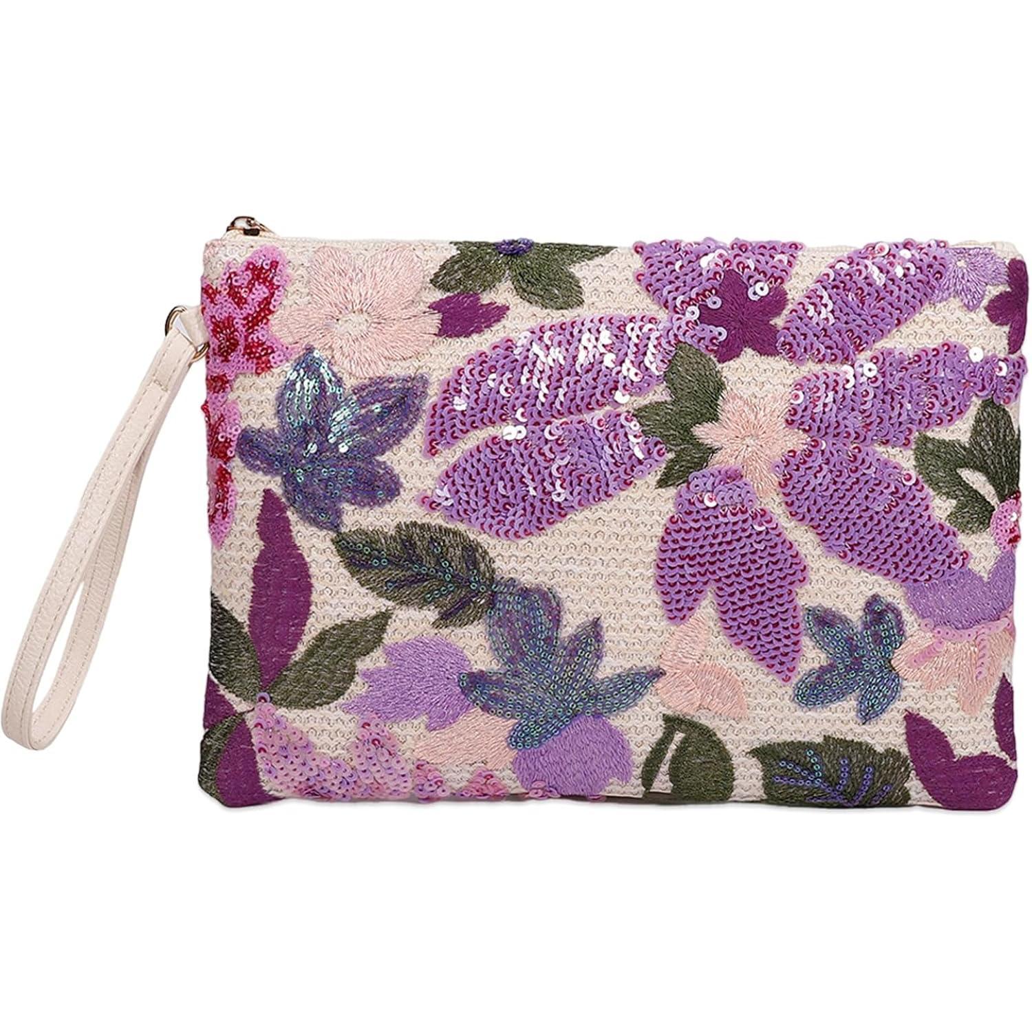 Women's Floral Embroidery Sequin Evening Clutch Bags Party Purses Beaded Bags