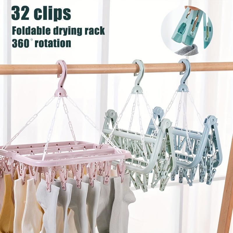 1PC Folding Clothes Hanger with Clips Multi functional Windproof and Sunscreen Clothes Hanger Folding Clothes Hanger Household Plastic Clothes Hanger 32 Clips