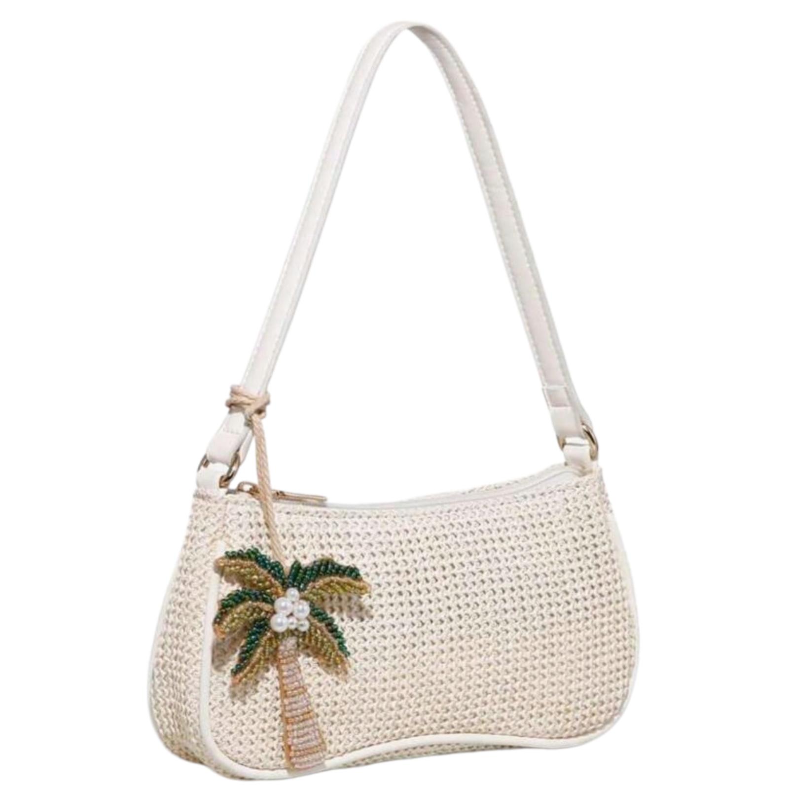 Simple Woven Underarm Bag with Charms, Ocean Animal Decorative Pendant with Beaded Chain, Summer Purse Shoulder Bag, Beachside Resort Style, Women's Zipper Hobo Bag, Suitable for Daily and Vacation Use