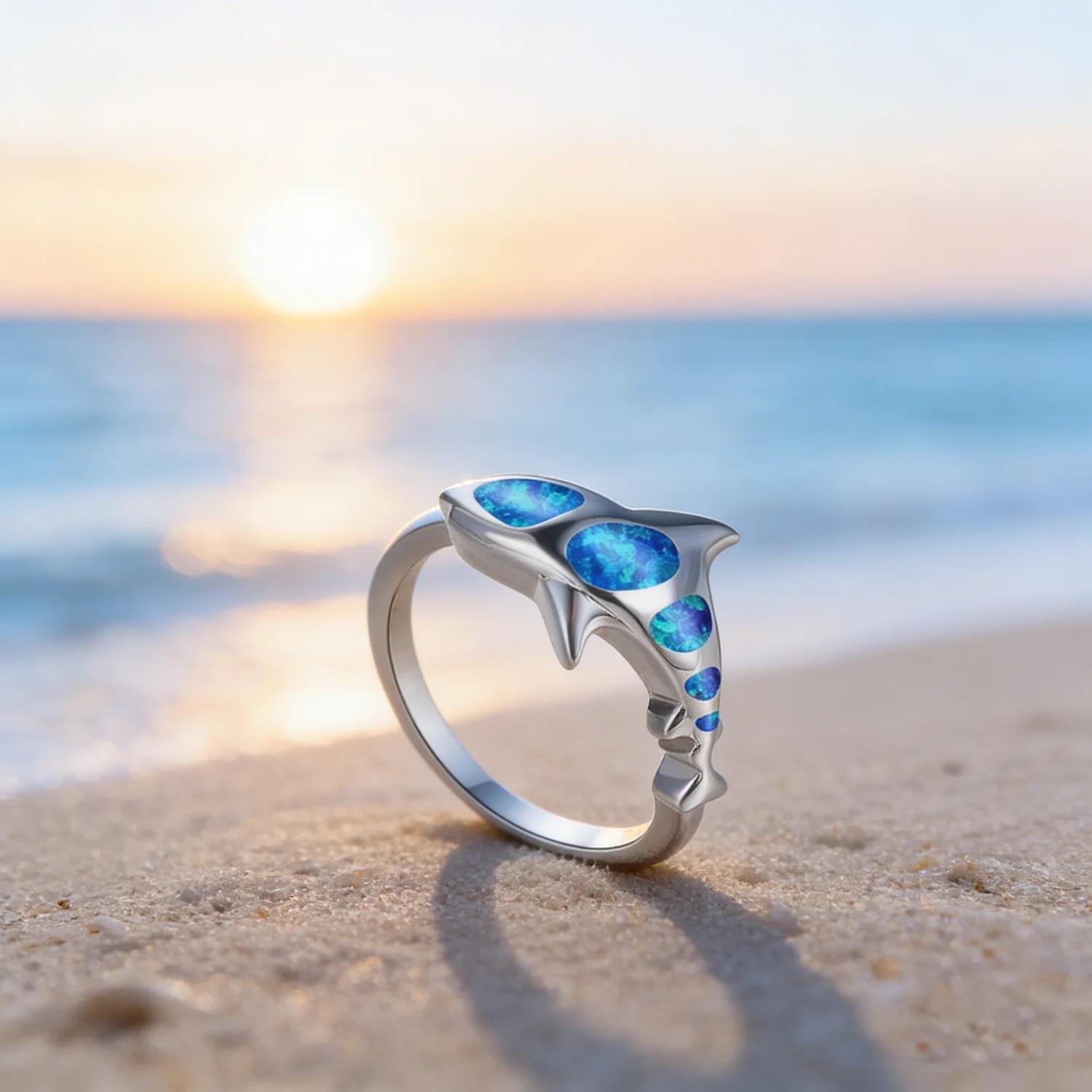 Ocean Theme Cute Shark Synthetic Blue Fire Opal Ring for Women Unique Engagement Finger Ring Gift for Lovers Jewelry Aniversary