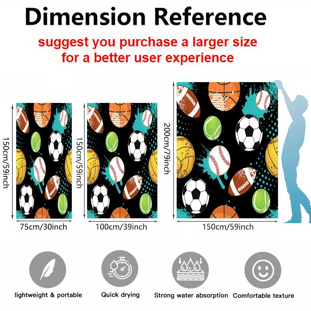 Graffiti Style Sports Ball Pattern Beach Towel, Lightweight Soft Microfiber Towel, Sand Resistant Quick Dry Bath Towel for Beach Travel Gym, Cool Sports Themed Summer Towel