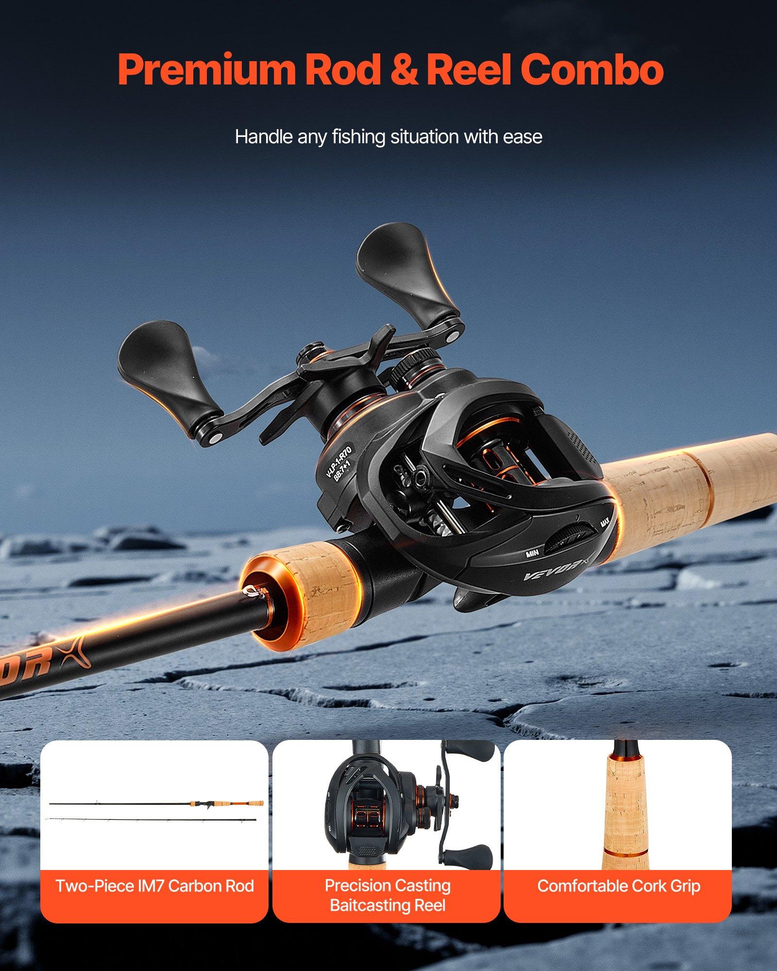 【DealsForYouDays】Unisex VEVOR IM7 Carbon Fiber Baitcasting Rod and Reel Combo, Freshwater Bass Fishing Pole with 7+1 Bearings, 7.0:1 High Gear Ratio, Left/Right Hand Use, Magnetic Brake, Cork Handle, Stainless Steel Guides with Ceramic Rings, Medium-Heavy