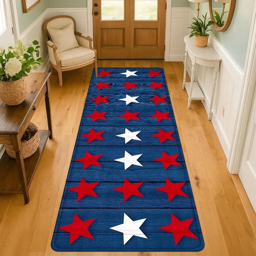 1PC， Red and White Stars on Blue Background Patterned strip rugs, home décor, bathroom mats, entryway mats, bathroom non-slip mats, indoor entrance rugs, bedroom bedside mats, kitchen mats, hallway rugs, flannel sponge rugs, hallway runner rugs
