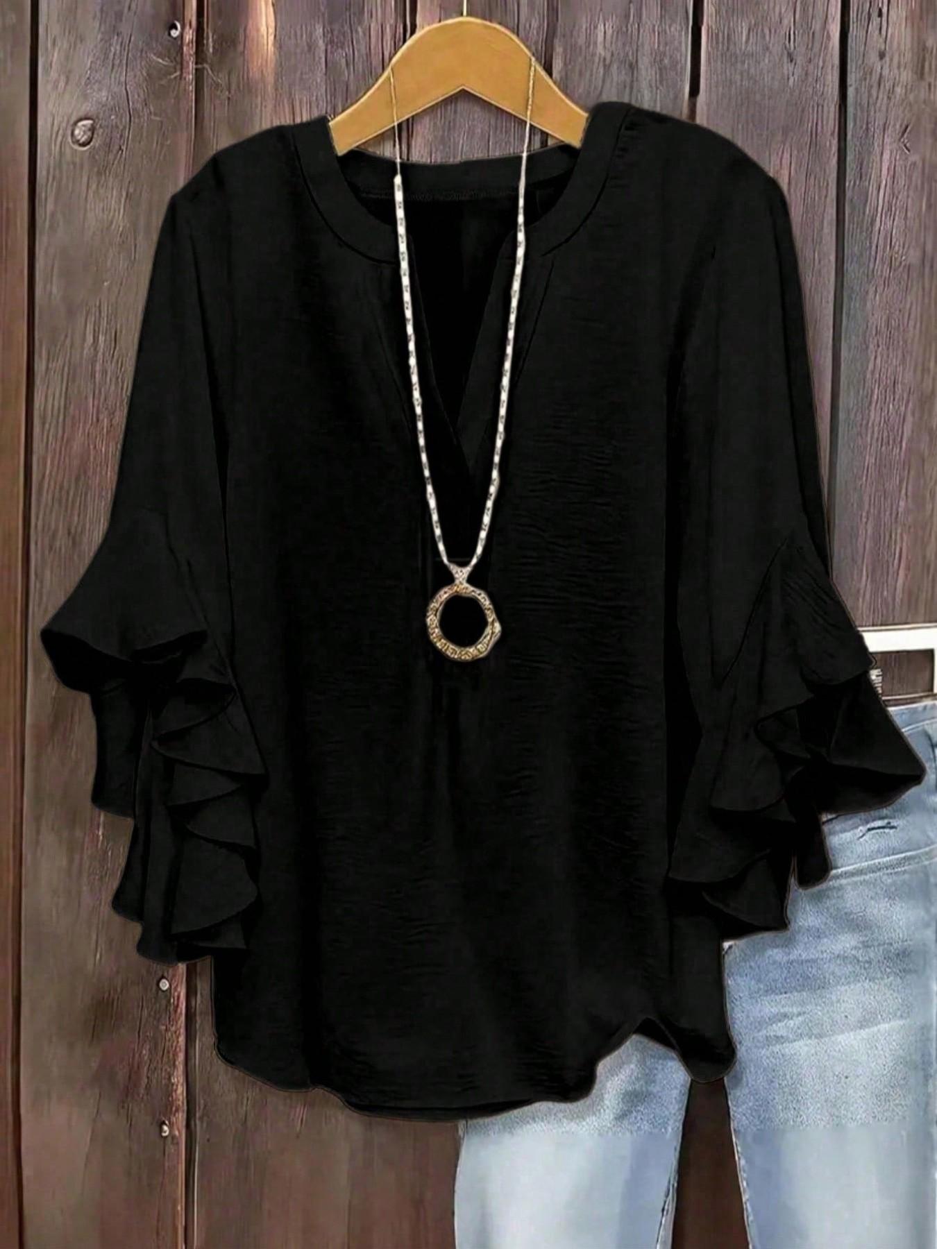 Plus Size Women's Ruffled Sleeve Notched-Neck Fitted Blouse Shirts, Elegant Comfortable and Stylish Solid Color Top, Perfect for Everyday Casual Wear Plus Size Women's Ruffled Sleeve Notched-Neck Fitted Blouse Shirts, Elegant Comfortable and Stylish Solid Color Top, Perfect for Everyday Casual Wear