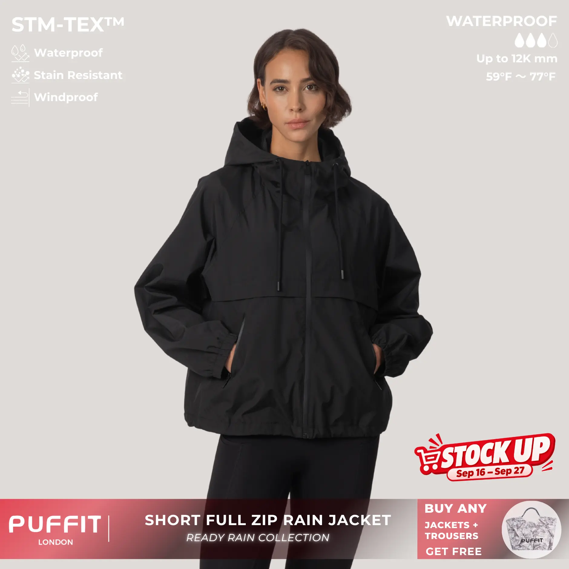 PUFFIT STM-TEX Short Full-Zip Rain Jacket With Adjustable Hem,Loose Fit,Autumn Hooded Jacket,Waterproof Jacket,Lightweight,Wide-Brim Hood,Adjustable Cuffs,Outdoor,Winter Jacket,Windbreaker,Shopping,Dog Walking,School Running,Football Mum,2026