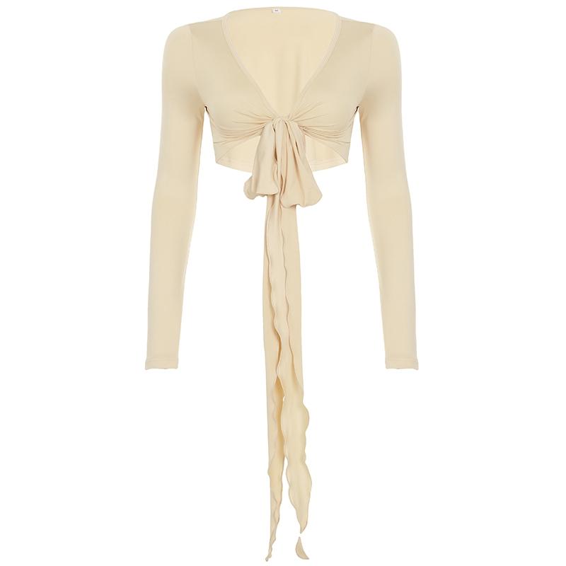 Women's Solid Color Crop Tee, Casual V Neck Long Sleeve T-shirt for Summer, Women's Clothing for Daily Wear