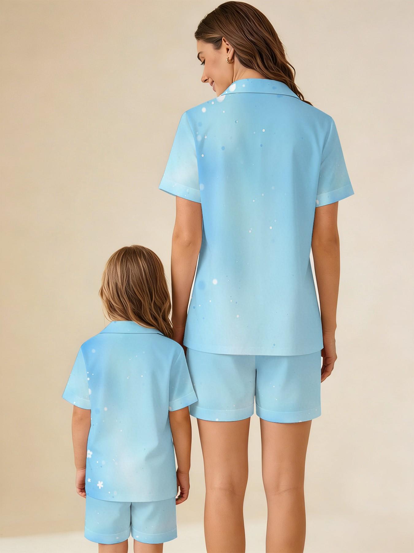 Family Theme Rabbit Bow Sleepwear, Fresh Milk Blue, Mother-Daughter Atmosphere, Casual Slim-Fitting Pajamas, Random Print Design