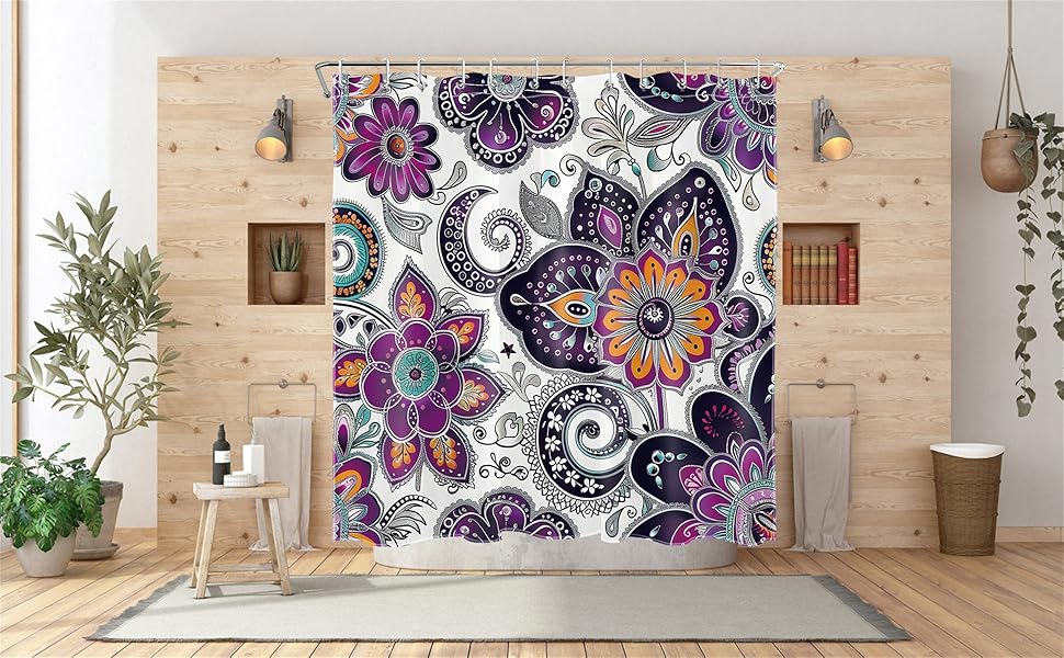 Bohemian Paisley Floral Shower Curtain Purple and Black Flower Pattern Boho Bathroom Shower Curtain Retro Abstract Bathroom Curtain with Hooks 72Lx72W Inch Polyester Fabric Bath Curtain