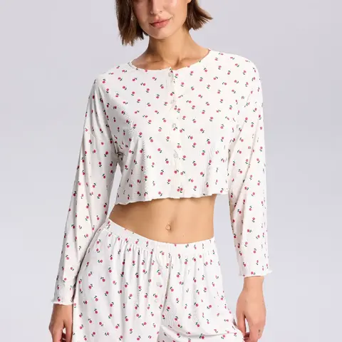 Two-piece Set Women's Ditsy Floral Print Lettuce Trim Pyjama, Casual Comfy Drop Shoulder Long Sleeve Button Front Top & Elastic Waist Shorts Pj Set, Women's Sleepwear for Spring & Fall, Pajama Set, Casual Loungewear, Pyjamas Set