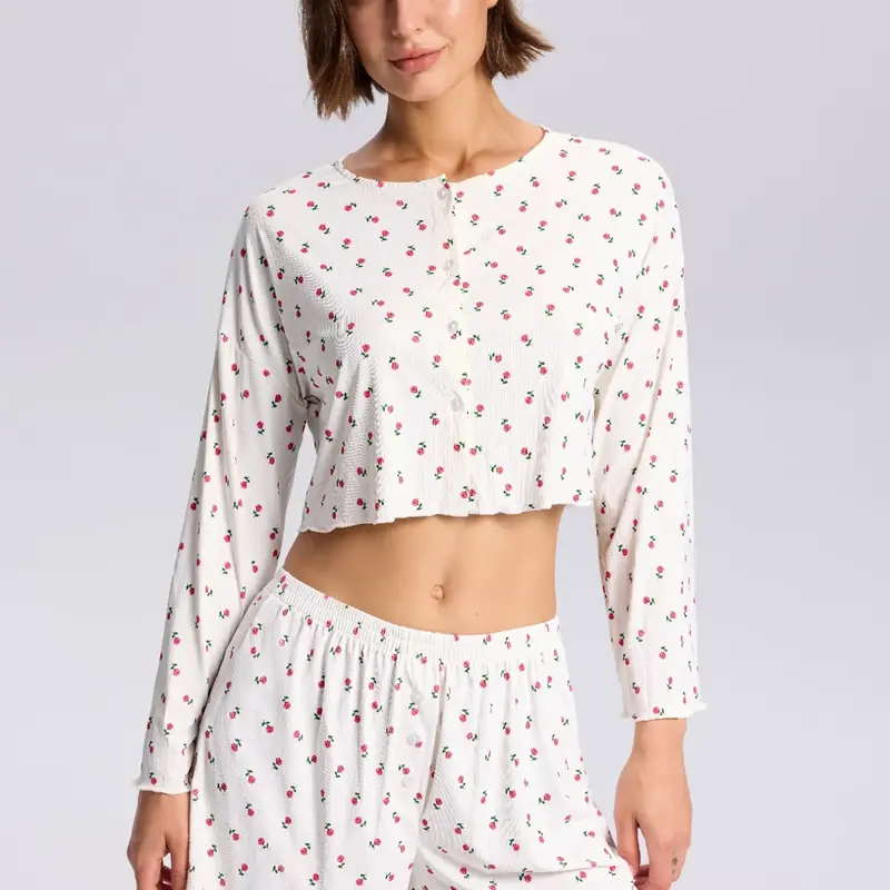 Two-piece Set Women's Ditsy Floral Print Lettuce Trim Pyjama, Casual Comfy Drop Shoulder Long Sleeve Button Front Top & Elastic Waist Shorts Pj Set, Women's Sleepwear for Spring & Fall, Pajama Set, Casual Loungewear, Pyjamas Set