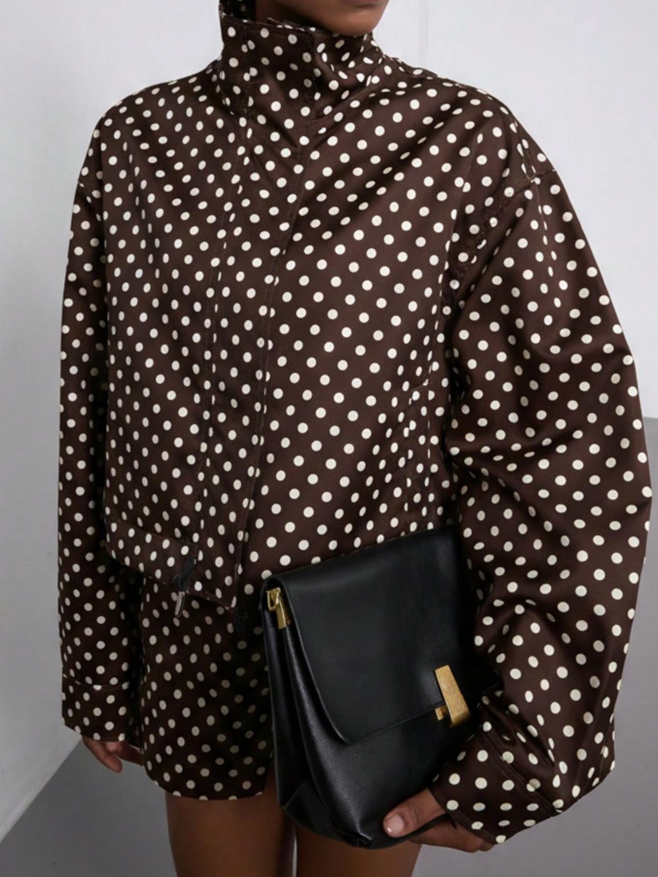 Women's Spring Fall Fashion European Style Stand Collar Vintage Polka Dot Long Sleeve Jacket Pilot Look Outerwear with Polka Dot Shorts Two-Piece Set Blazer Shorts Set